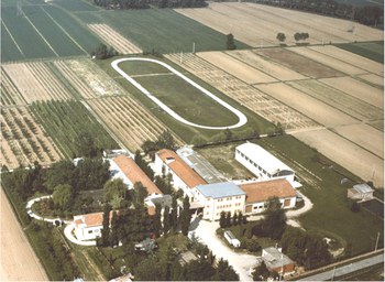 Aerial view of the “Centro Didattico Sperimentale of Cadriano”: in evidence the track used for testing the agricultural machinery