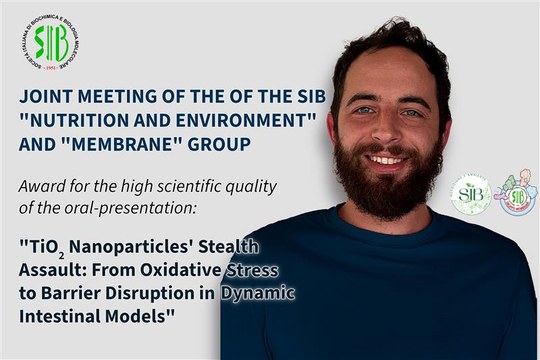 Mattia Santoni premiato dal gruppo Nutrizione e Ambiente della Società Italiana di Biochimica e Biologia Molecolare (SIB) per l’elevata qualità scientifica della presentazione orale intitolata“TiO2 Nanoparticles’ Stealth Assault from Oxidative Stress to Barrier Disruption in Dynamic Intestinal Models” Mattia Santoni premiato dal gruppo Nutrizione e Ambiente della Società Italiana di Biochimica e Biologia Molecolare (SIB) per l’elevata qualità scientifica della presentazione orale intitolata“TiO2 Nanoparticles’ Stealth Assault from Oxidative Stress to Barrier Disruption in Dynamic Intestinal Models”